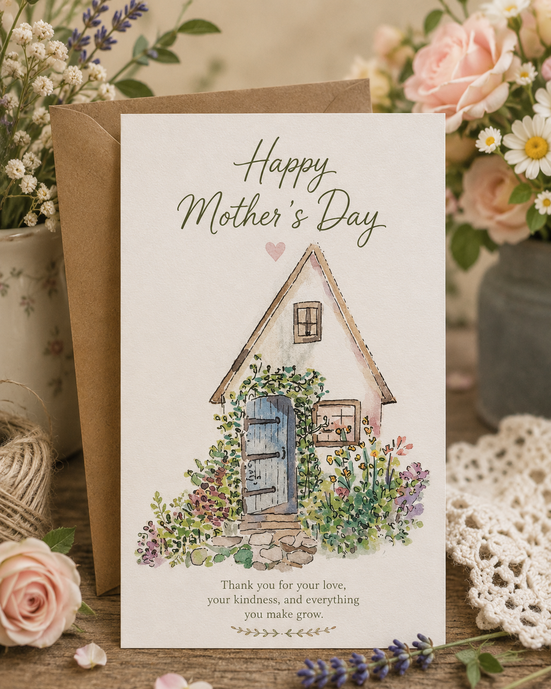 Happy Mother's Day greeting card with watercolor cottage design