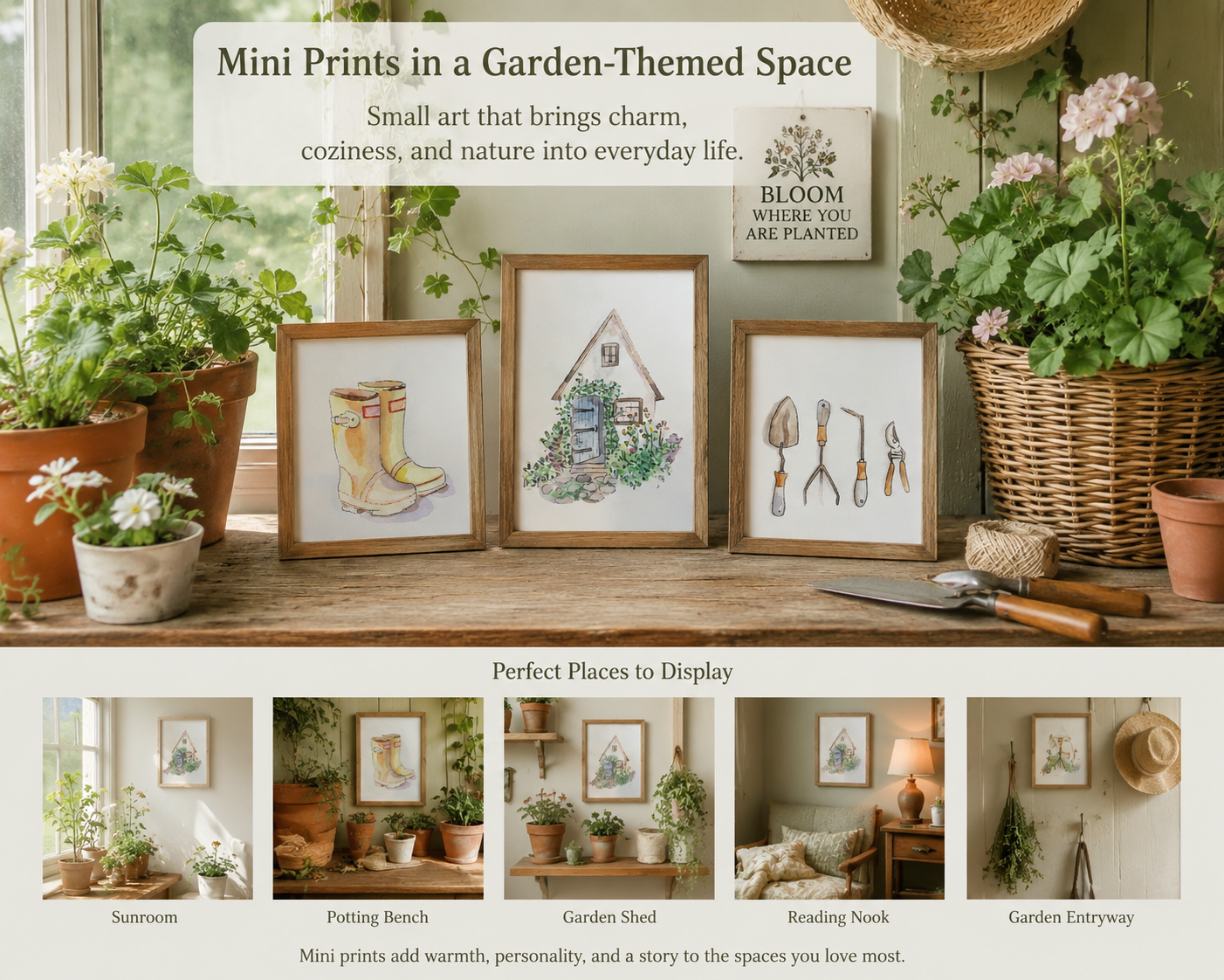 Mini prints displayed in a beautiful garden-themed space with potted plants